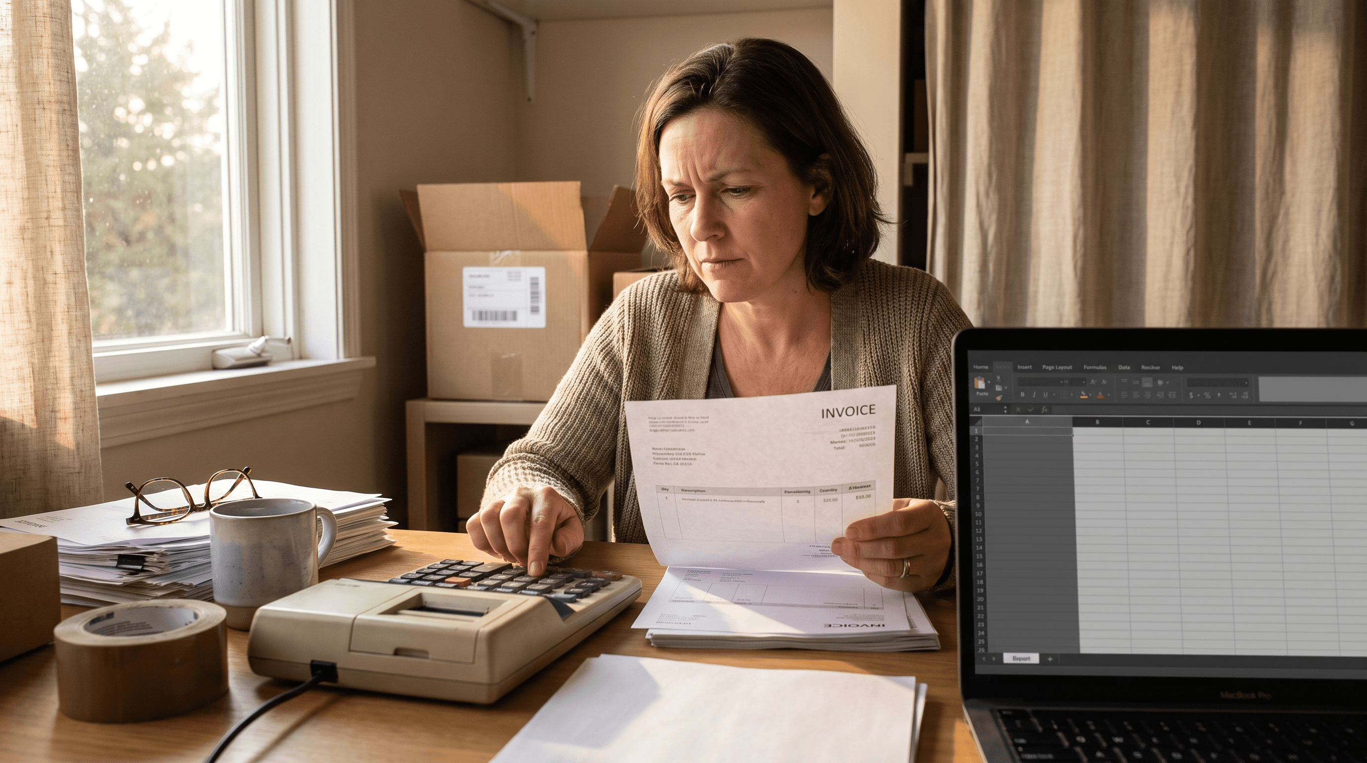 Small business owner reviewing supplier invoices against a calculator at her desk, weighing rising landed costs